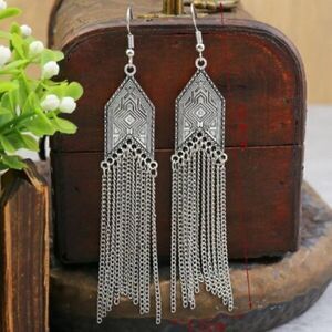 SILVER AZTEC PRINT TASSEL EARRINGS